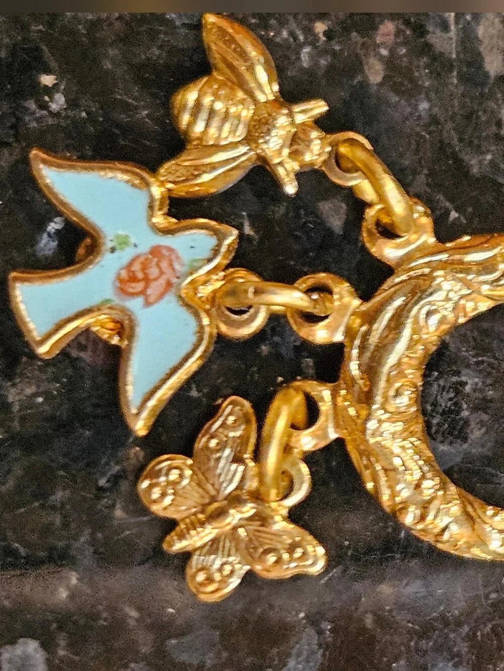 1928 Gold-Tone Circle Necklace with Blue Enamel Bird Bee Butterfly Charms